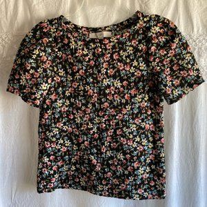 LOFT Black Multicolor Floral Print Textured Puff Sleeve Top